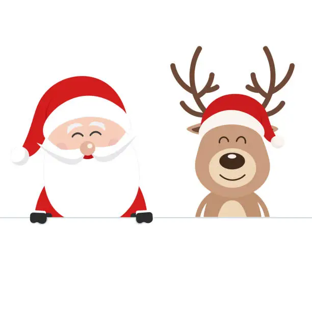 Vector illustration of Santa and reindeer cute cartoon behind a blank sign white isolated background. Christmas card