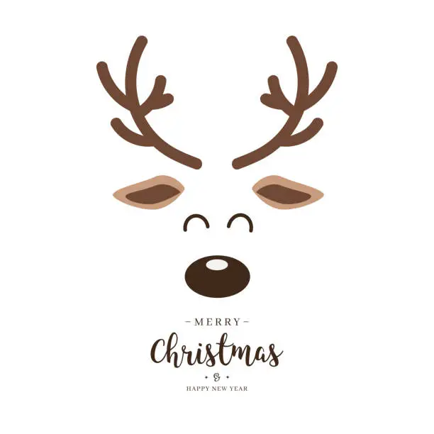 Vector illustration of Reindeer red nosed cute close up face with greetings isolated white background. Christmas card