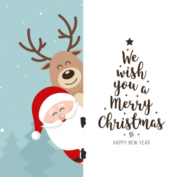Vector illustration of Santa and reindeer cute cartoon with greeting behind white banner winter landscape background. Christmas card
