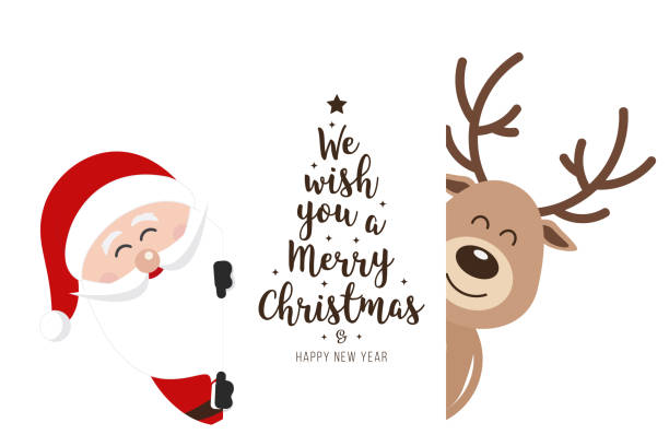 Santa and reindeer cute cartoon with greeting behind white banner isolated background. Christmas card Santa and reindeer cute cartoon with greeting behind white banner isolated background. Christmas card white background sign snow winter stock illustrations