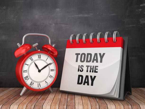istock TODAY IS THE DAY Calendar with Alarm Clock on Chalkboard Background - 3D Rendering 1185723537