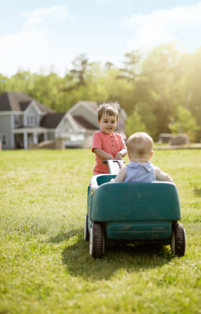 istock Two year old brother pulling infant sister in wagon during a sunny spring day 1185723573