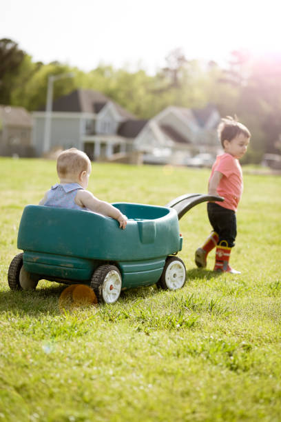 istock Two year old brother pulling infant sister in wagon during a sunny spring day 1185723579