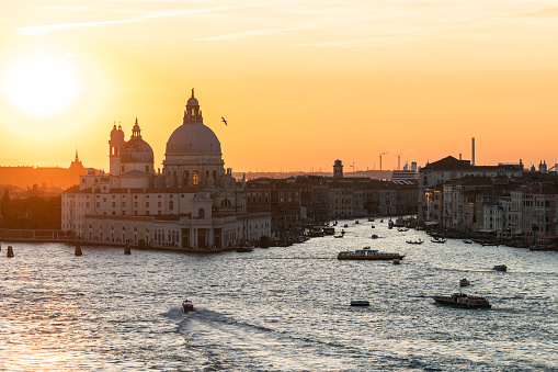 Autumn sunset view from cruise ship towards the Grand Canal