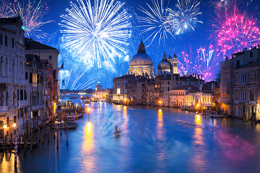 New Years firework display the Santa Maria della Salute Basilica in Venice