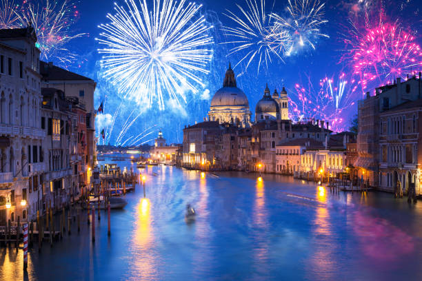 New Years firework display the Santa Maria della Salute Basilica in Venice stock photo