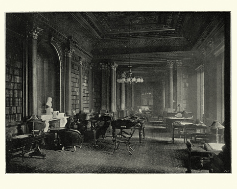 Vintage photograph of Library of the Reform club, London, 19th Century. The Reform Club is a private members' club on the south side of Pall Mall in central London, England.