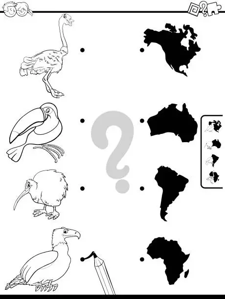 Vector illustration of match animals and continents game coloring book