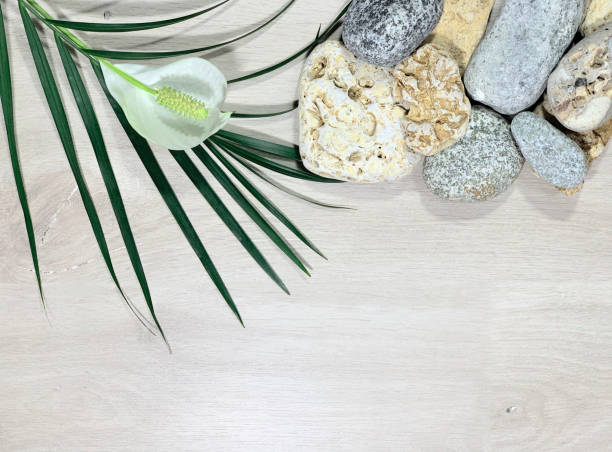 istock Flower and stones on a wooden surface. 1185728317