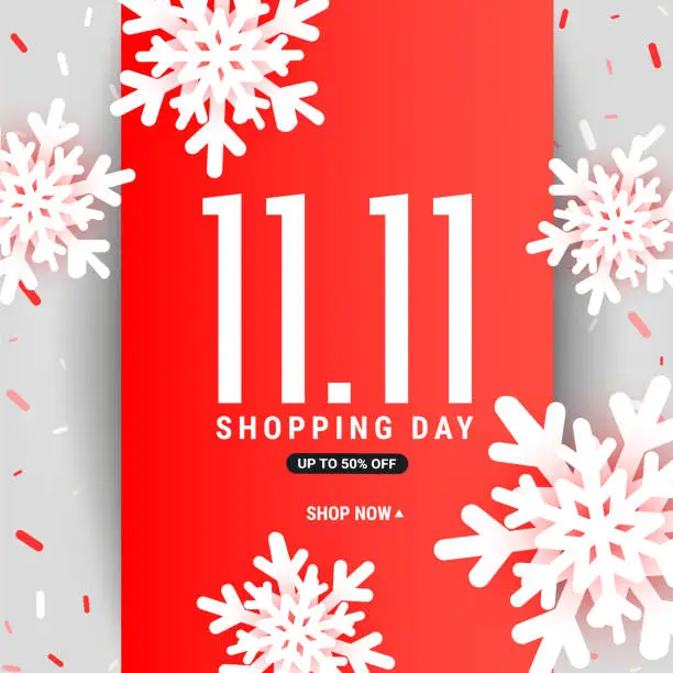 Vector illustration of Big 11.11 sale vector discount card template with red ribbon, 3d snowflakes and liquid shapes on a white background