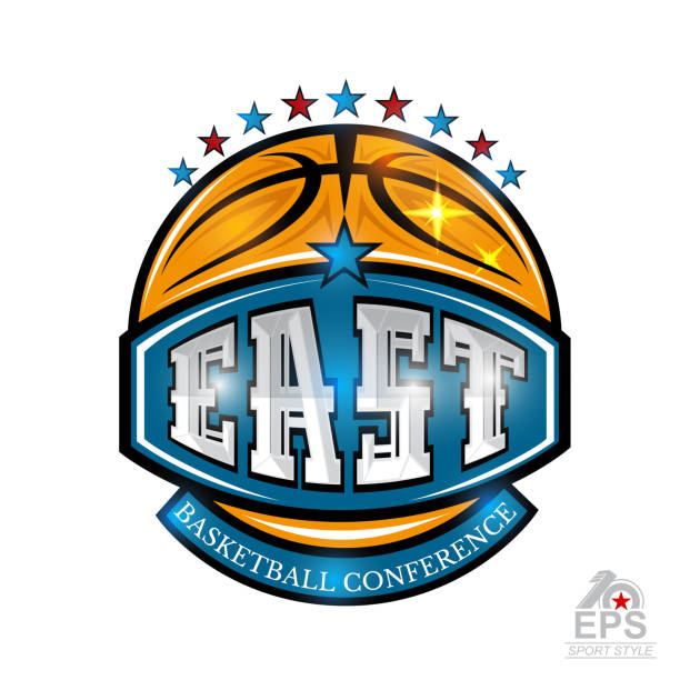 istock Basketball ball with text east conference on blue banner. Vector sport label isolated on white for any team or competition 1185729805