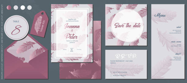 Rose Gold Feathers Wedding Invitation Template Set. Table Number&Thank You Labels, Invitation Card, Save The Date Card, R.S.V.P. Card and Menu. Rose Gold Feathers Wedding Invitation Template Set. Table Number&Thank You Labels, Invitation Card, Save The Date Card, R.S.V.P. Card and Menu. Elegant Design Elements for Your Special Day.(See the size info on the left) gold envelope stock illustrations