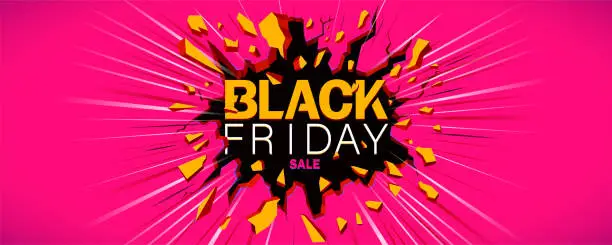 Vector illustration of Black friday banner. Wall explosion. Crack in the black wall.