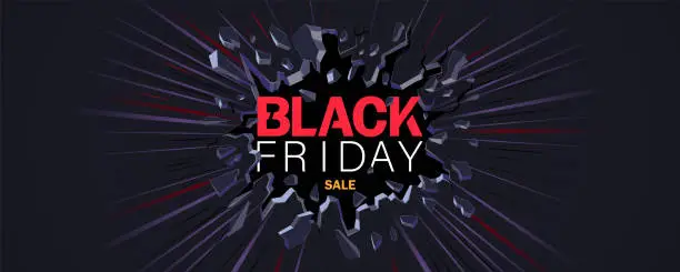 Vector illustration of Black friday banner. Wall explosion. Crack in the black wall.