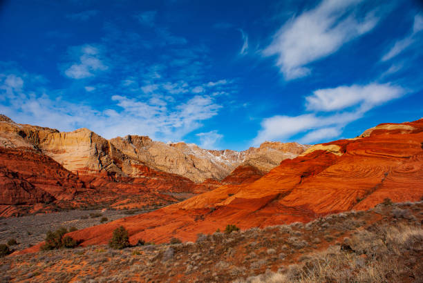 White, Red, and Orange Sandstone in Snow Canyon Snow Canyon State Park, Utah, USA snow canyon state park stock pictures, royalty-free photos & images