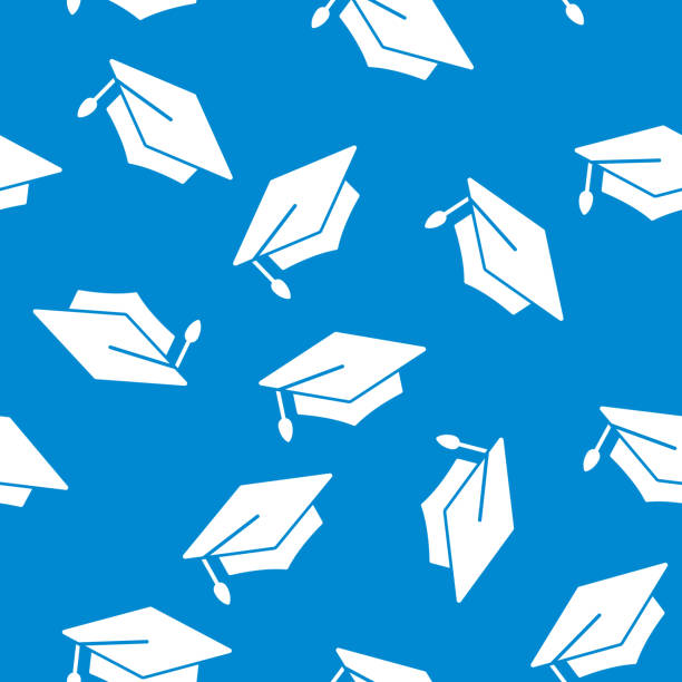 Graduation Cap Pattern Silhouette Vector illustration of graduation caps in a repeating pattern against a blue background. graduation designs stock illustrations