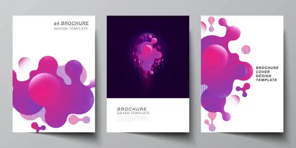 Vector illustration of The vector layout of A4 format modern cover mockups design templates for brochure, magazine, flyer, booklet, annual report. Black background with fluid gradient, liquid pink colored geometric element.