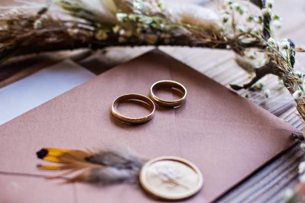 istock Wedding rings, wedding accessories in rustic style. invitation, bride�s wreath. 1185740870