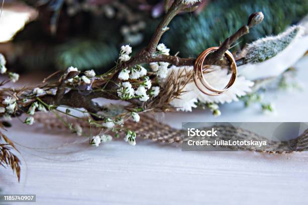 Wedding Rings Wedding Accessories In Rustic Style Invitation Brides Wreath Stock Photo - Download Image Now