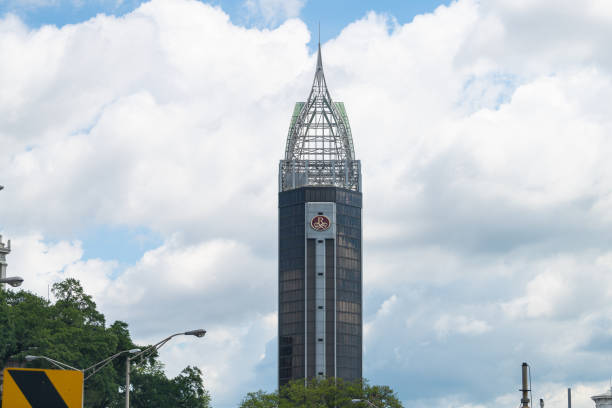 Mobile, USA - April 24, 2018: Alabama famous southern city with closeup of Renaissance Mobile Riverview Plaza Hotel building skyscraper