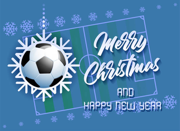 ilustrações de stock, clip art, desenhos animados e ícones de merry christmas and happy new year. sports card with a soccer ball as a snowflake and a soccer field. - new years party time