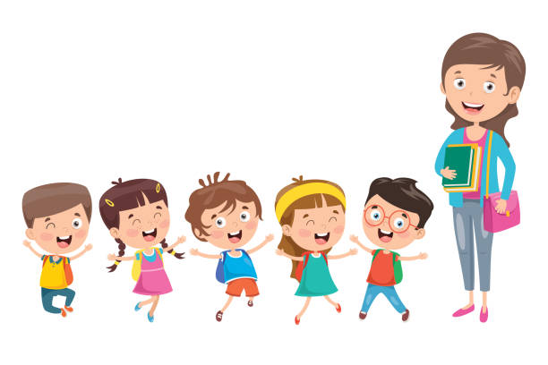 Little Students With Their Teacher Stock Illustration - Download Image Now  - Child, Teacher, Cartoon - iStock