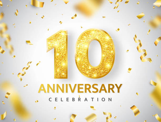 10th Anniversary celebration. Gold numbers with glitter gold confetti, serpentine. Festive background. Decoration for party event. Tenth year jubilee celebration. Vector illustration 10th Anniversary celebration. Gold numbers with glitter gold confetti, serpentine. Festive background. Decoration for party event. Tenth year jubilee celebration. Vector illustration. 10th anniversary stock illustrations