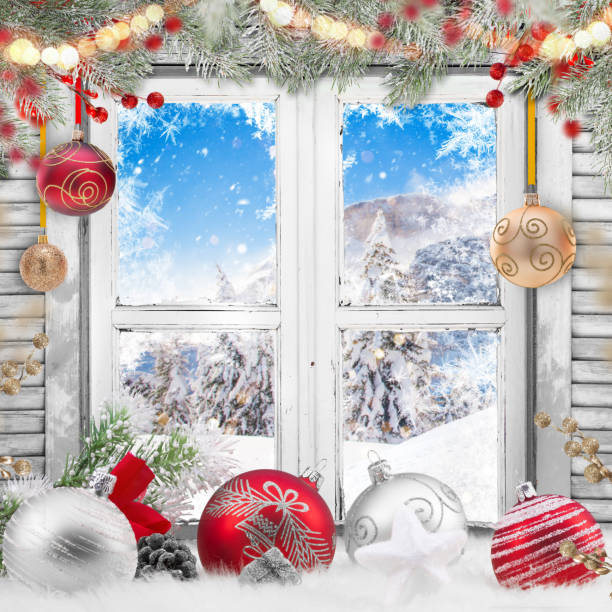 istock Christmas old white window with decorations. 1185745380
