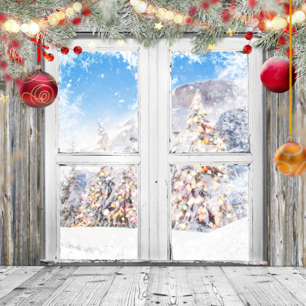 istock Christmas old white window with decorations. 1185745391