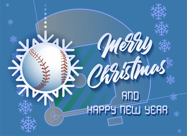 ilustrações de stock, clip art, desenhos animados e ícones de merry christmas and happy new year. sports card with a baseball ball as a snowflake and a baseball field. - new years party time