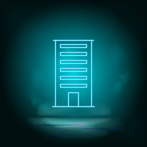 Bulding, neon blue. Blue neon, Building vector icon. Vector background. Bulding, neon blue. Blue neon, Building vector icon Vector background hospital building at night stock illustrations