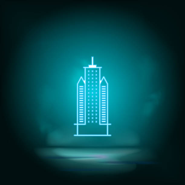 Neon building blue. Blue neon, Building vector icon. Vector background. Neon building blue. Blue neon, Building vector icon. Vector background hospital building at night stock illustrations