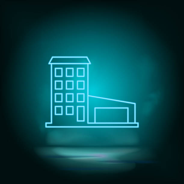 Neon building blue. Blue neon, Building vector icon. Vector background. Neon building blue. Blue neon, Building vector icon. Vector background hospital building at night stock illustrations