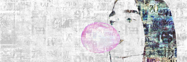 Contemporary art fashion background. Beautiful female silhouette on newspaper texture Contemporary fashion art background. Face of a girl blowing a pink bubble of chewing gum on newspaper texture. Newspapers art print. Artwork modern grunge collage. Space for text. mixed media stock illustrations