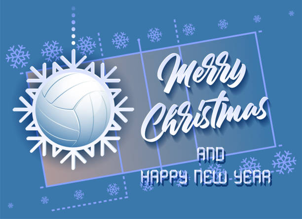 ilustrações de stock, clip art, desenhos animados e ícones de merry christmas and happy new year. sports card with a volleyball ball as a snowflake and a volleyball court. - new years party time