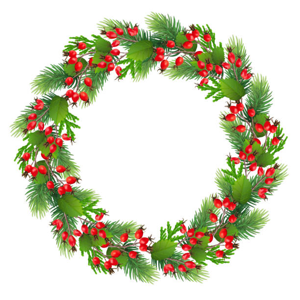 istock Christmas decoration wreath. Merry Christmas greeting card with a realistic colorful wreath of pine tree branches 1185752135