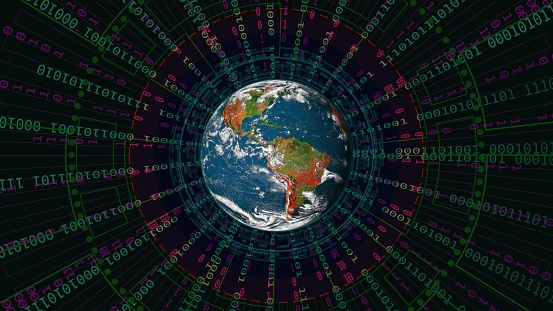 Futuristic Global Network Technology Background - Planet Earth, North America, Worldwide Communications Network, Teal Binary Code with Copy Space. Western Hemisphere. Elements of this image furnished by NASA. Earth - Source: BlueMarble3Kx3K.tif URL: https://visibleearth.nasa.gov/view.php?id=54388