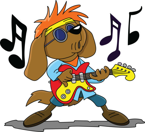 ilustrações de stock, clip art, desenhos animados e ícones de brown cartoon dog playing electronic guitar and singing rock and roll vector illustration - dog set humor happiness