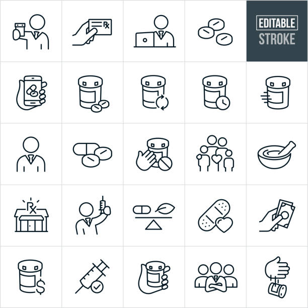 Pharmacy Thin Line Icons - Editable Stroke A set pharmacy icons that include editable strokes or outlines using the EPS vector file. The icons include a pharmacy, pharmacist, pharmaceuticals, medicine, pills, prescriptions, prescription card, online ordering, pill bottle, prescription refill, child safety, family, mortar and pestle, syringe, vaccination, bandage, paying and other pharmacy related icons. pharmacy stock illustrations