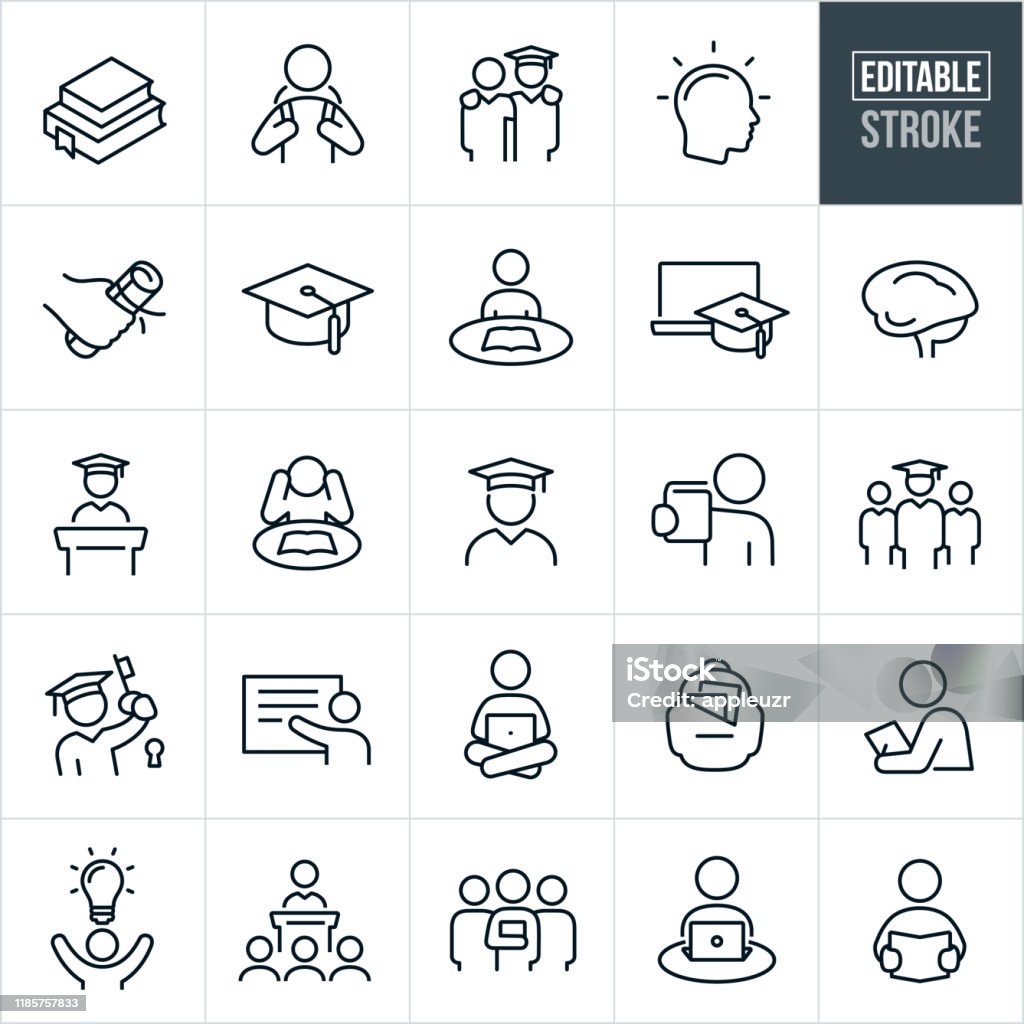Higher Education Thin Line Icons - Editable Stroke A set of higher education icons that include editable strokes or outlines using the EPS vector file. The icons include college textbooks, college students, student with cap and gown, student graduating, college diploma, concepts of knowledge and learning, graduation cap, student studying, online education, human brain, graduation speech, professor, teacher, student on laptop, school back-pack, college class and other related icons. Icon stock vector
