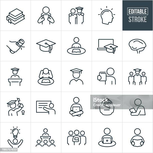 Higher Education Thin Line Icons Editable Stroke Stock Illustration - Download Image Now - Icon, Education, University