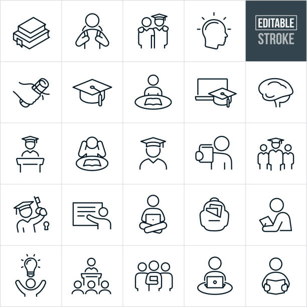 A set of higher education icons that include editable strokes or outlines using the EPS vector file. The icons include college textbooks, college students, student with cap and gown, student graduating, college diploma, concepts of knowledge and learning, graduation cap, student studying, online education, human brain, graduation speech, professor, teacher, student on laptop, school back-pack, college class and other related icons.