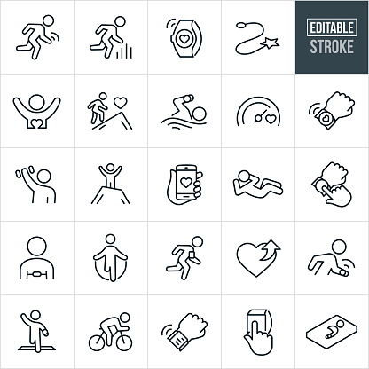 A set of fitness tracking icons that include editable strokes or outlines using the EPS vector file. The icons include people exercising, person running, fitness tracker, fitness watch, health and wellness, swimming, climbing mountain, data, statistics, data collection, lifting weights, smartphone, sit-up, heart rate monitor, jumping rope, gps, cycling, race, and sleep monitoring to name a few.