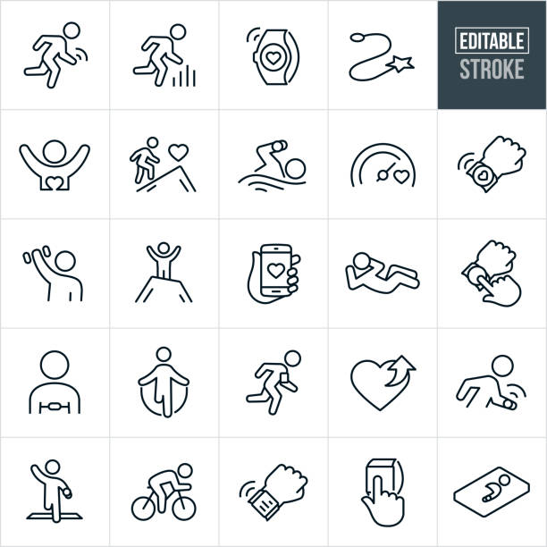 Fitness Tracking Thin Line Icons - Ediatable Stroke A set of fitness tracking icons that include editable strokes or outlines using the EPS vector file. The icons include people exercising, person running, fitness tracker, fitness watch, health and wellness, swimming, climbing mountain, data, statistics, data collection, lifting weights, smartphone, sit-up, heart rate monitor, jumping rope, gps, cycling, race, and sleep monitoring to name a few. fitness tracker stock illustrations