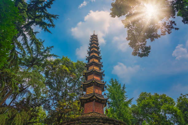 Tall landmark Thousand Buddha Pagoda in the courtyard of the Wenshu Monastery, Chengdu, China