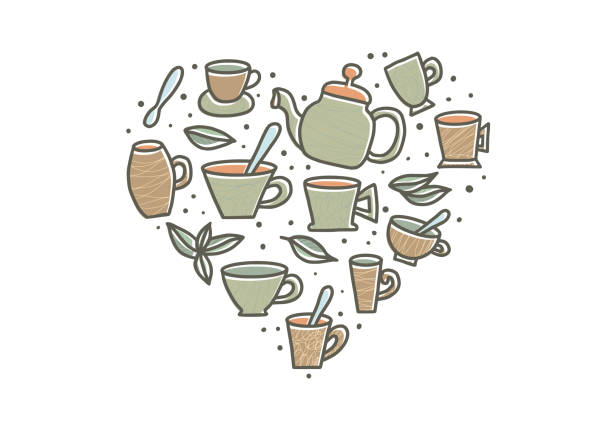 ilustrações de stock, clip art, desenhos animados e ícones de tea set. cups and teapots. vector illustration. - hot chocolate cup chai heat
