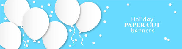 축하를위한 수평 배너. 파란색 배경에 흰색 비행 공입니다. 종이 컷, 생일, 결혼식을위한 예술의 스타일로 디자인. - coupon horizontal christmas birthday stock illustrations