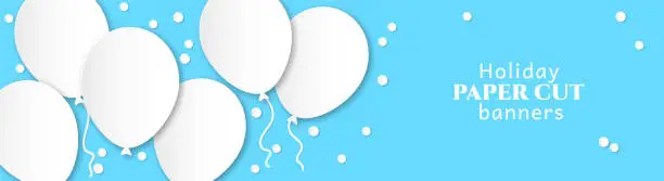 Vector illustration of Horizontal banner for congratulations. White flying balls on a blue background. Design in the style of paper cut, art for birthday, wedding.