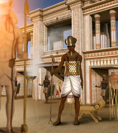 Concept of the ancient Egyptian king pharaoh Ramses II in his decorated royal palace, 3d render