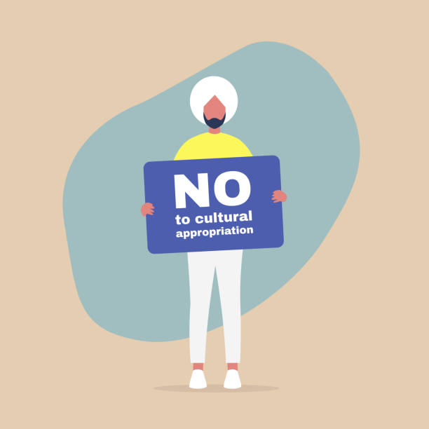 Young indian male character holding a "no to cultural appropriation" banner, colonialism and minority cultures Young indian male character holding a "no to cultural appropriation" banner, colonialism and minority cultures desecrate stock illustrations